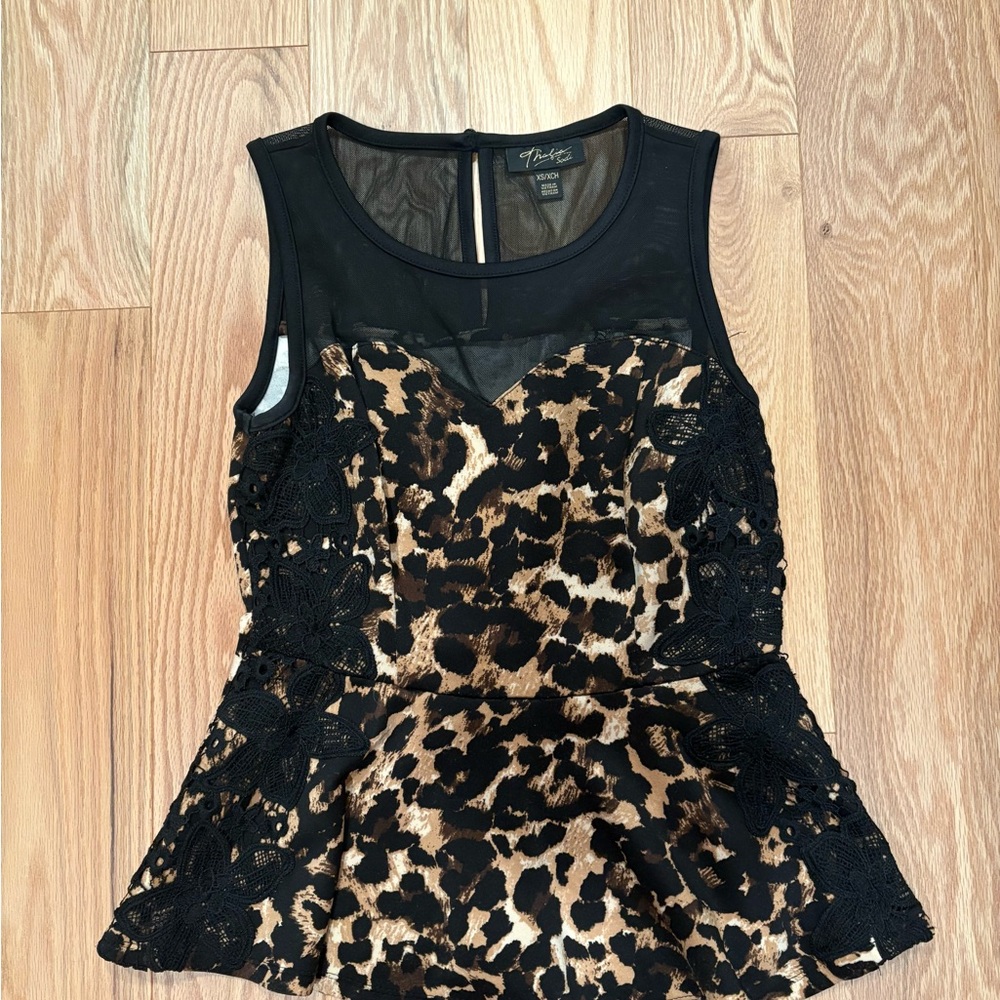 Thalia Sodi Black and Brown Peplum Embellished Blouse